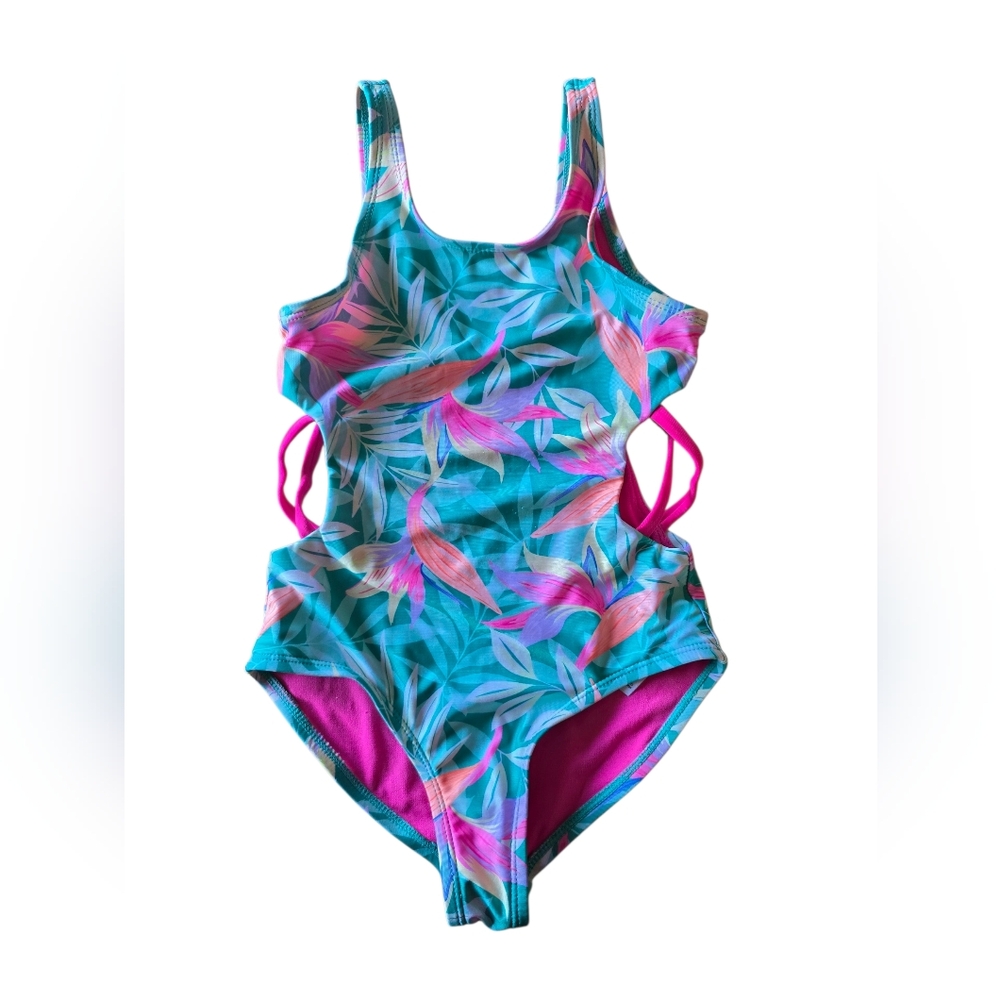 Girls One-Piece Swimsuit Tropical Leaf Print – Size S (6/6X)